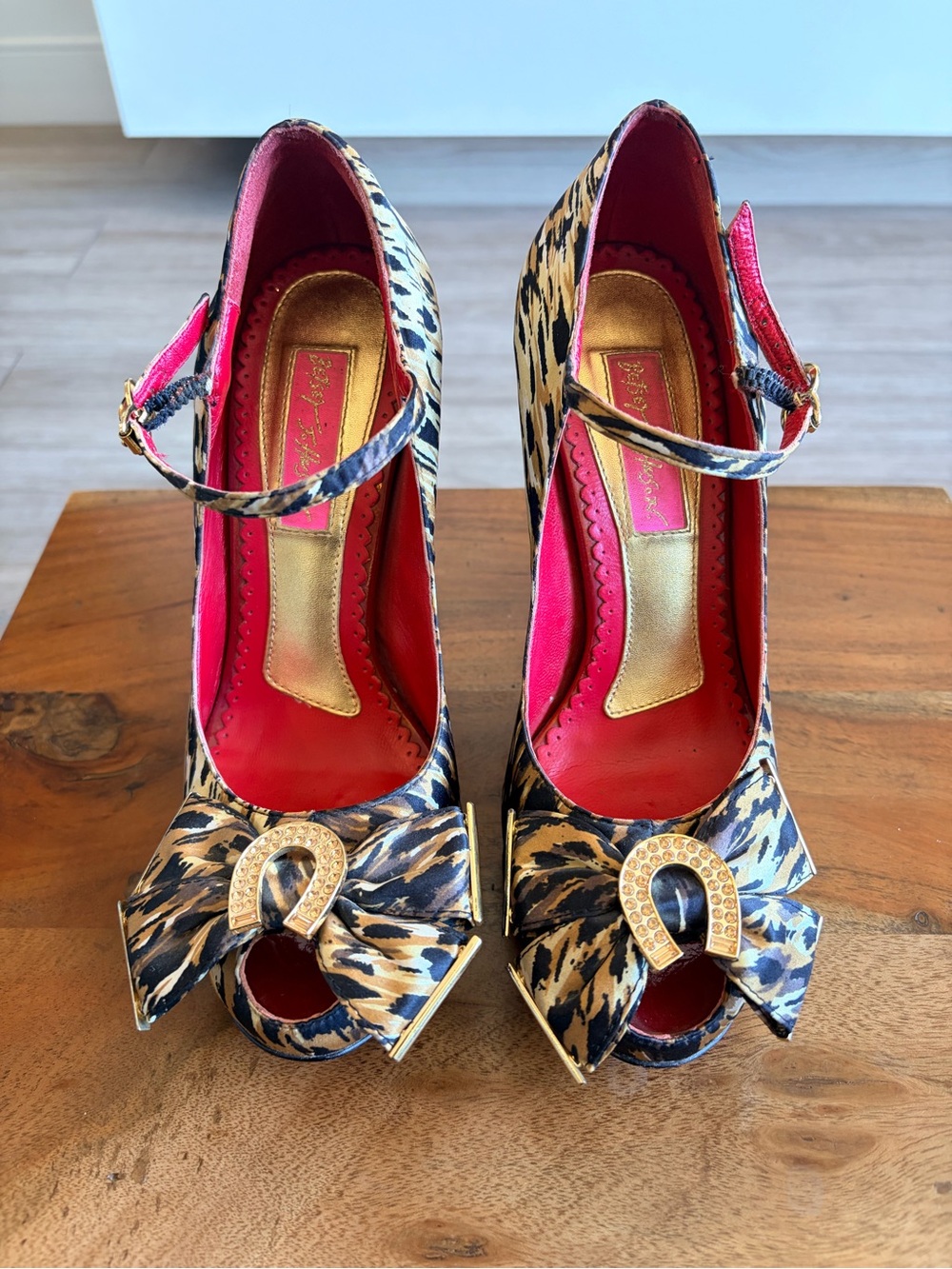 Betsey Johnson Leopard Print Mary Jane Heels with Pink Liner and Gold Accents